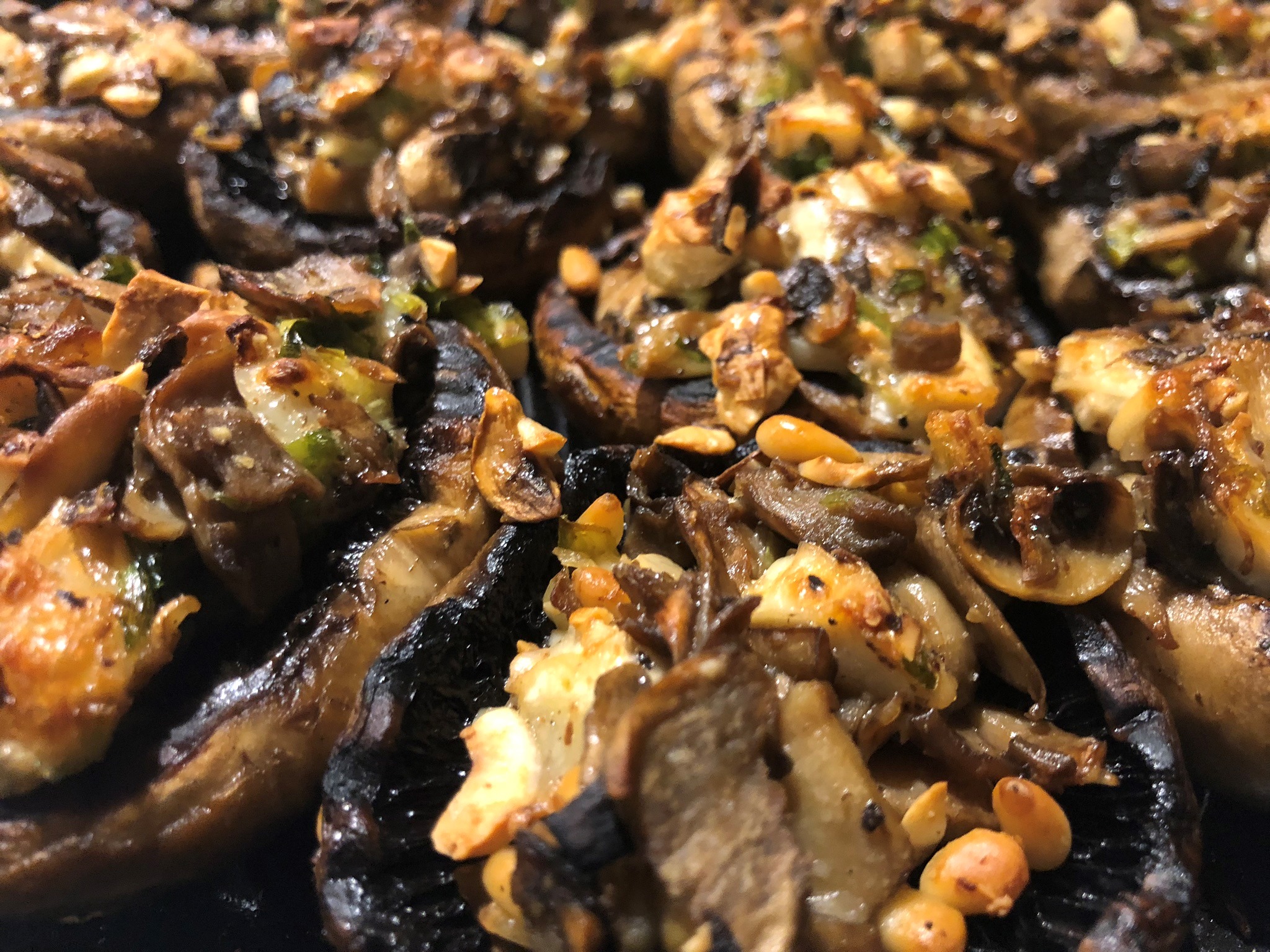 פטריות יער על הפלאנצ'ה, ממולאות בפטריות, קשיו, וגבינת סנט מור מותכת
